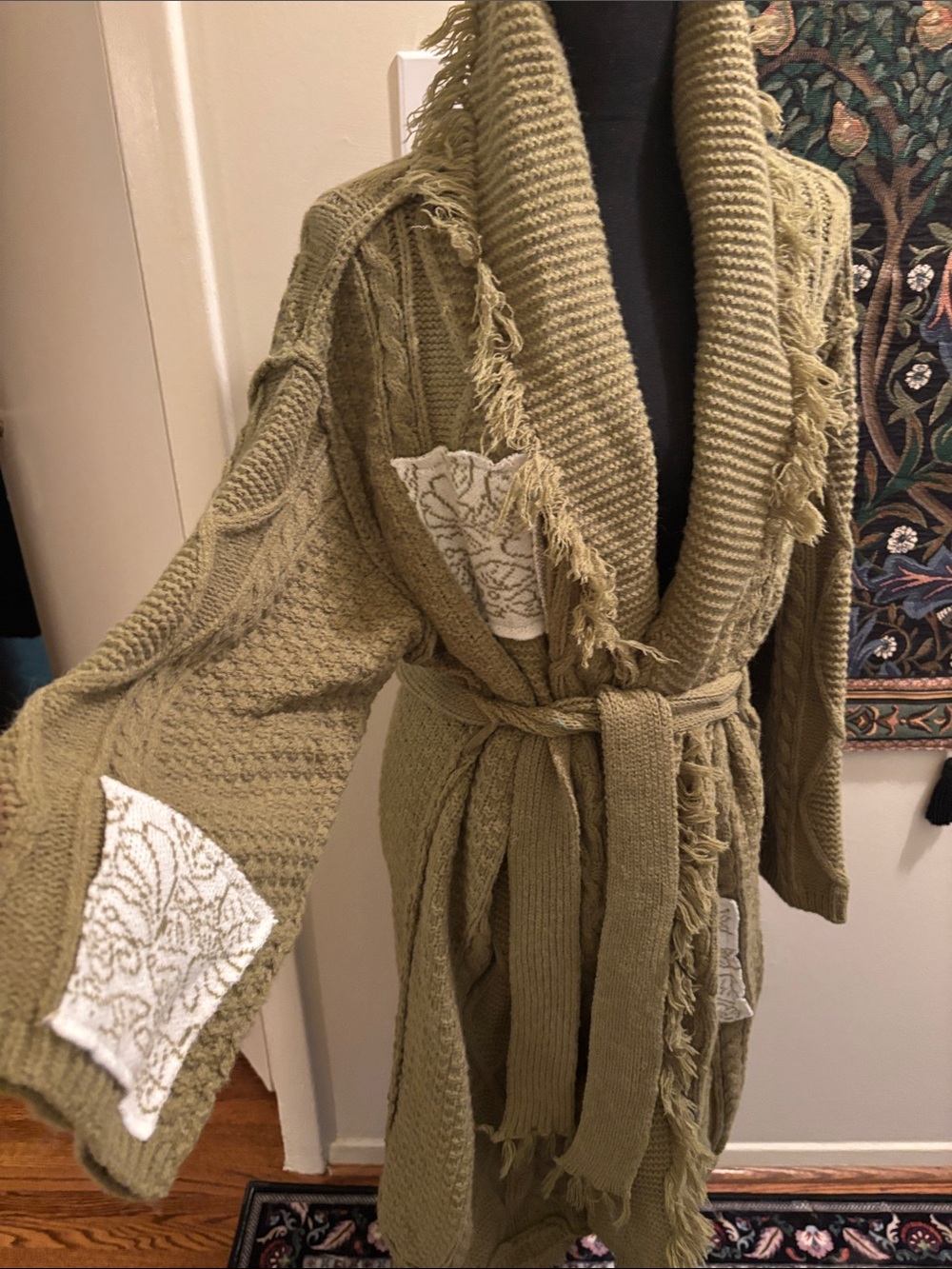 POL Heavy Green Patchwork Fringe Sweater Duster L